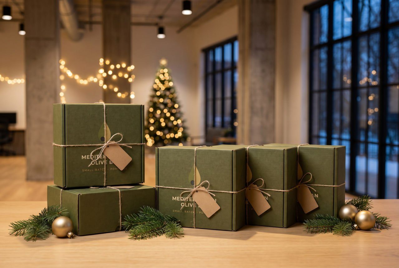 Mehrere weihnachtlich verschnürte Olive Boxes mit Tannenzweigen und Goldkugeln vor Christbaum