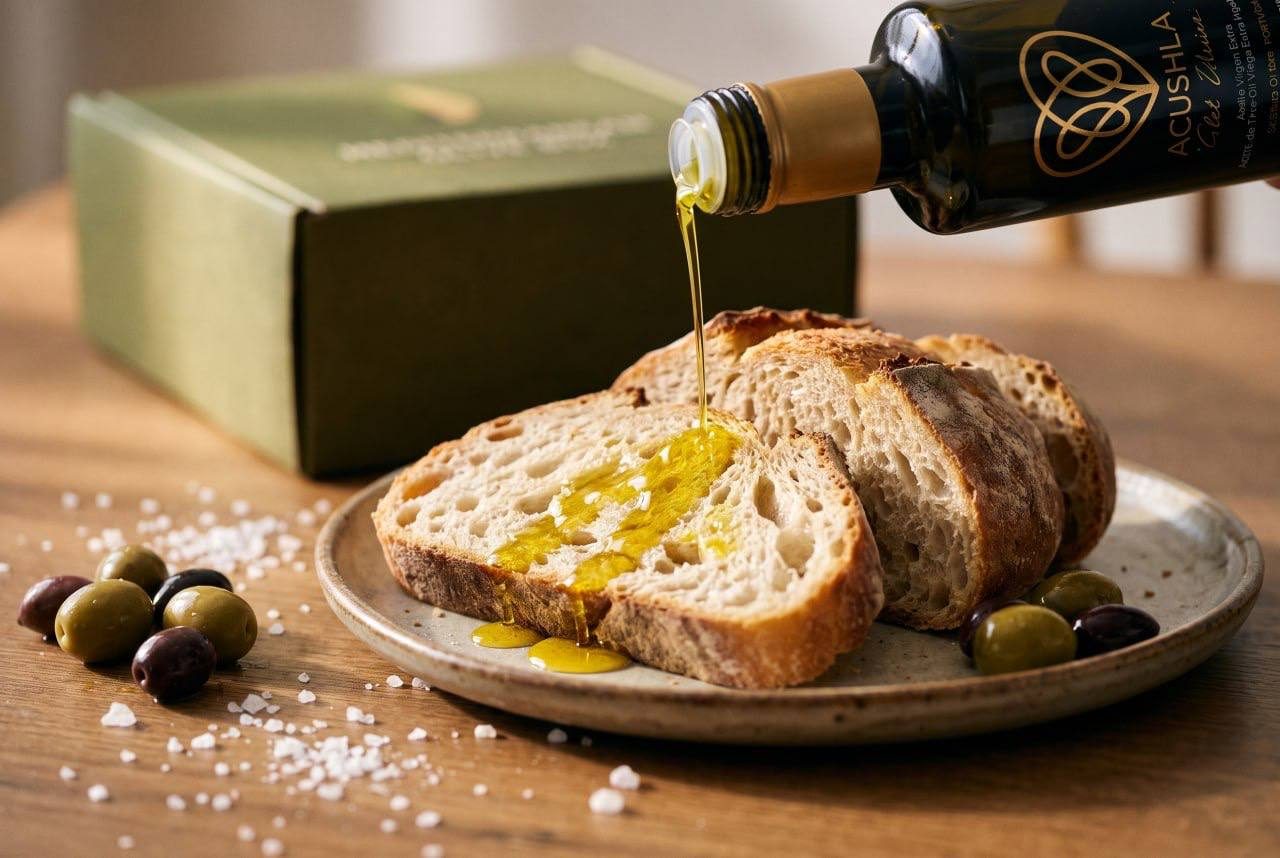 Goldenes Olivenöl wird aus einer Flasche über frisches Sauerteigbrot gegossen, daneben Oliven und Meersalz