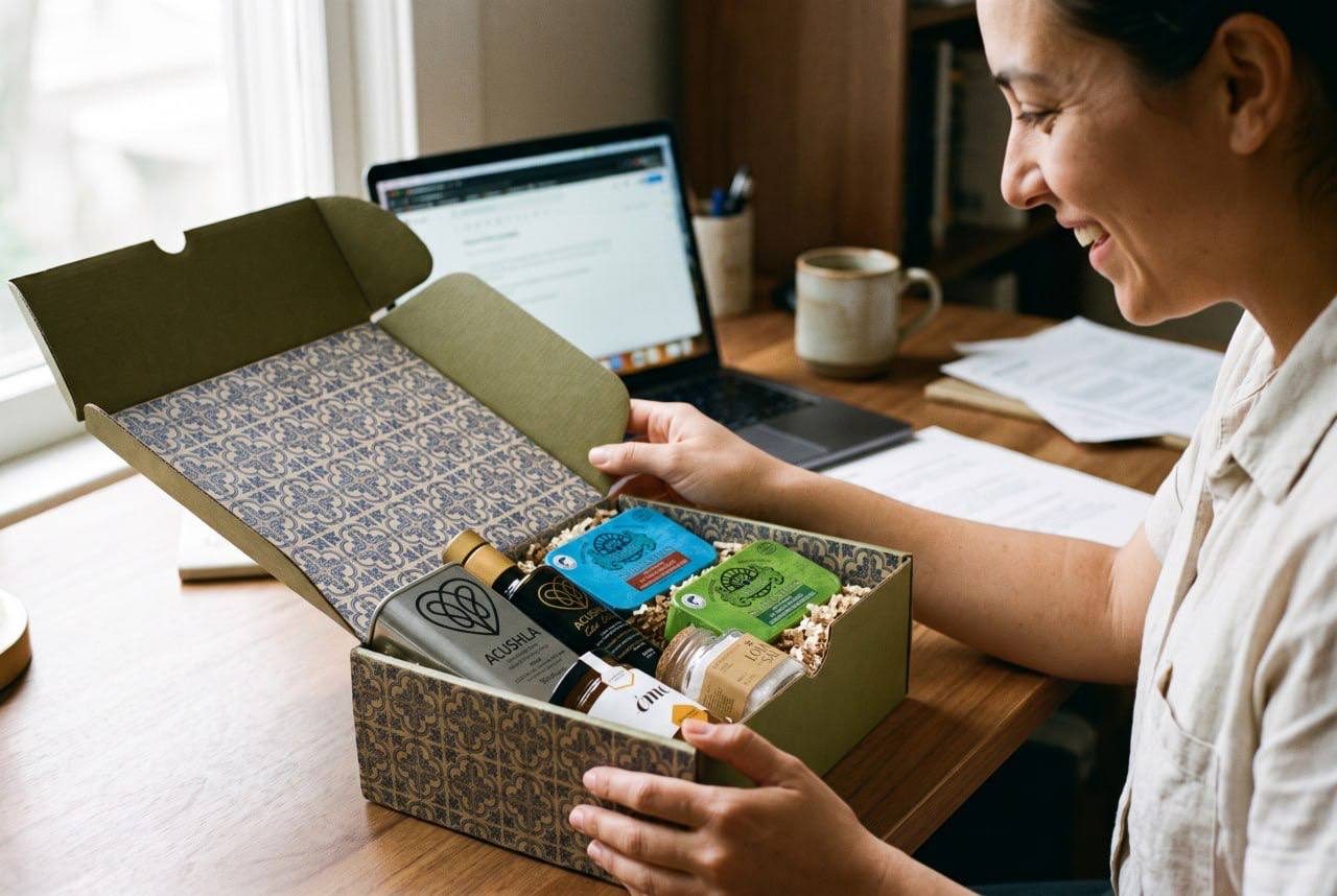Lächelnde Frau öffnet am Schreibtisch im Homeoffice die Olive Box mit gemustertem Innendruck